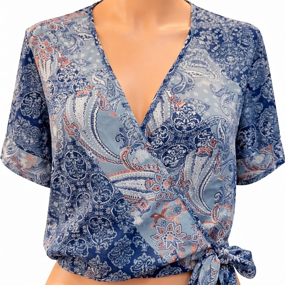 Paper Crane Blue Paisley Wrap Top Tie Waist Short Sleeve Boho Crop Blouse Small